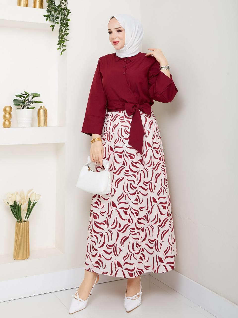 Yandan Bağlamalı Tunik Desenli Etek Takım 2279 Bordo