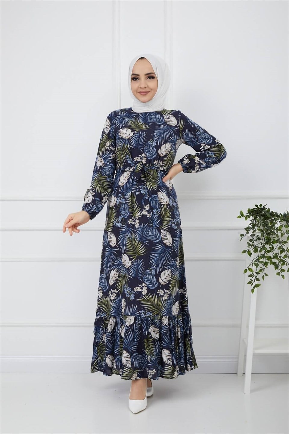 Yaprak Desen Kuşaklı Tesettür Elbise 10265 Lacivert