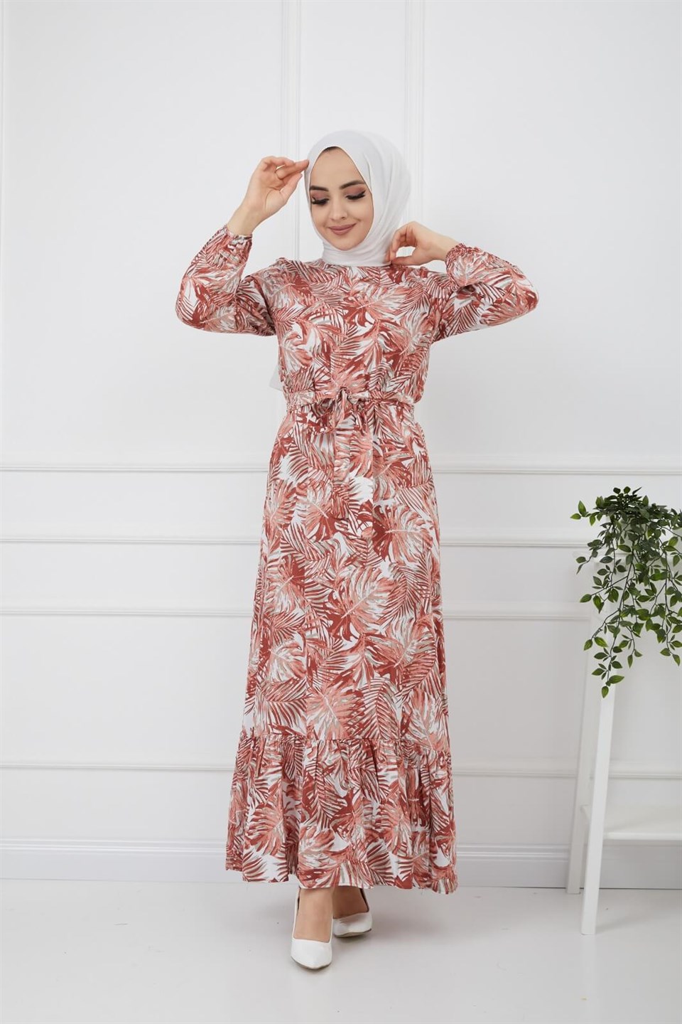 Yaprak Desen Kuşaklı Tesettür Elbise 10265 Kiremit