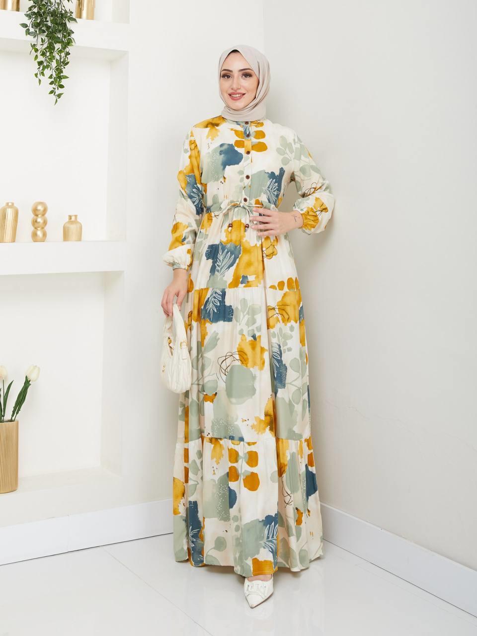 Yarım Pat Düğmeli Tesettür Elbise 2276 Hardal