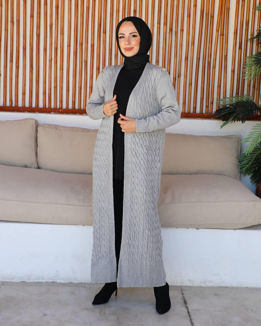 Zincir Desenli Tesettür Triko Hırka 2244 Açık Gri