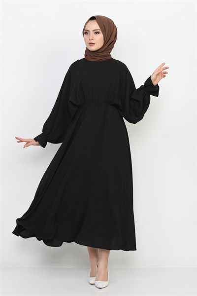 Yarasa Kol Lastikli Tesettür Elbise 7111 Siyah