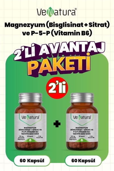 Magnezyum (Bisglisinat+Sitrat) ve P5P (Vitamin B6) 60 Kapsül 2 Adet