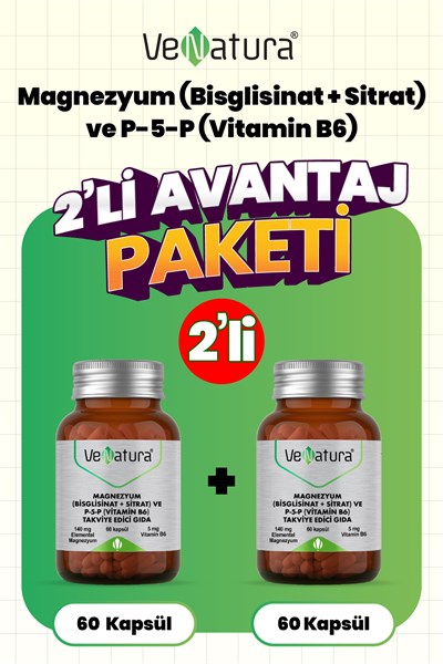 Magnezyum (Bisglisinat+Sitrat) ve P5P (Vitamin B6) 60 Kapsül 2 Adet