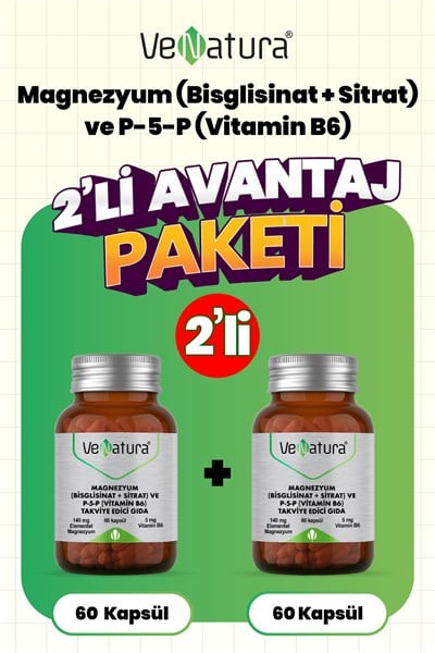 Magnezyum (Bisglisinat+Sitrat) ve P5P (Vitamin B6) 60 Kapsül 2 Adet