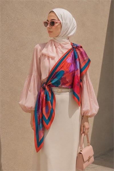 Dört Parça Çiçek Desen Mercan-Lila Soft Fular Eşarp 90x90 cm
