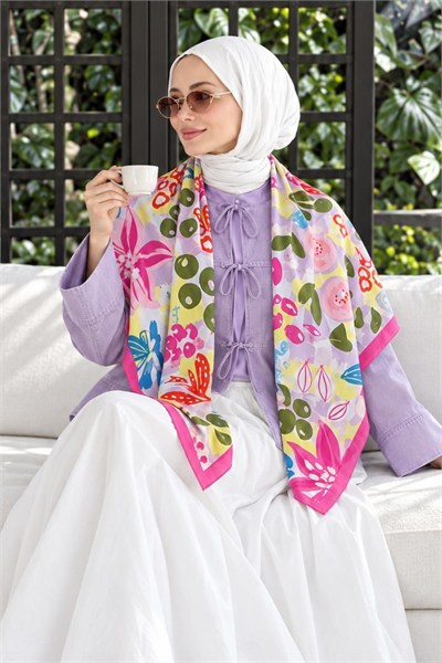 Lilyum Bahçesi Desen Pembe-Lila Soft Fular Eşarp 90x90 cm