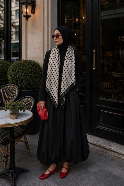 Minimal Puantiye Desen Siyah-Ekru Soft Fular Eşarp 90x90 cm
