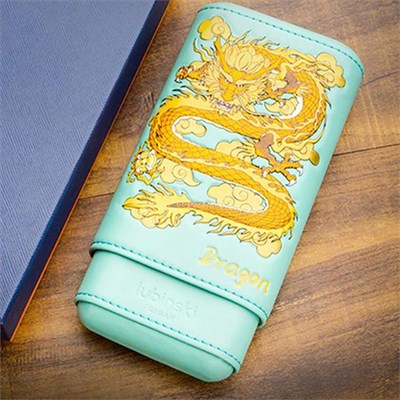 Lubinski Special Edt. Elegant Dragon Gerçek Deri Üçlü Sedirli Puro Kılıfı - Turkuaz(52 Ring)