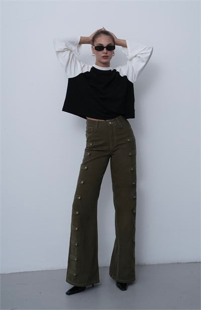 Kadın Haki Düğme Detaylı Wide Leg Pantolon