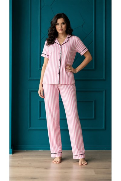 Arabiyeli Kadın Pembe Çizgili Pamuklu Örme Kısa Kol Düğmeli Pijama Takım