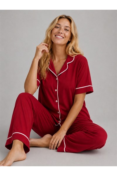 Kadın Pamuklu Örme Kumaş Kırmızı Kısa Kol Düğmeli Arabiyeli Pijama Takım