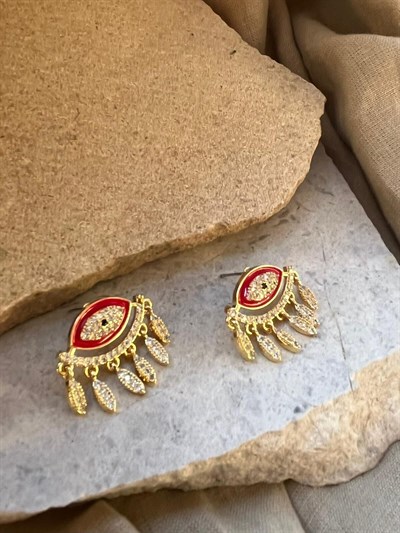 Altın Renkli Taşlı Kırmızı Gözlü Küpe