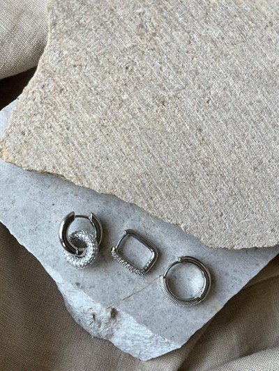 YSX Jewelry Gümüş Renkli Taşlı Üçlü Küpe Seti
