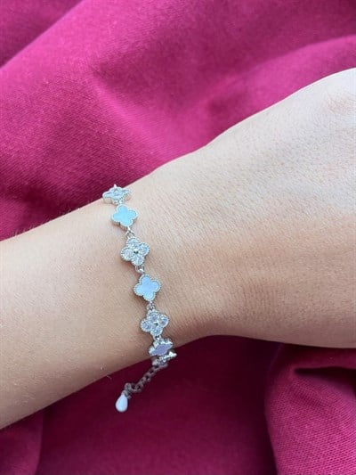 Yonca Gümüş Renkli Taşlı İnce Bileklik