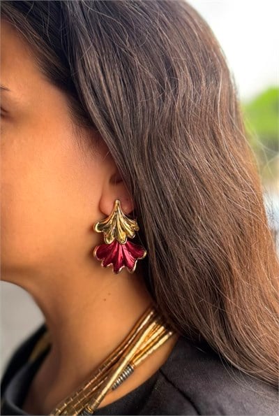 Bordo Gold Yaprak Küpe
