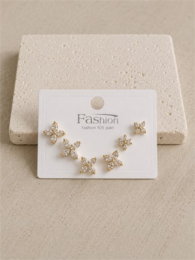 Taşlı Çiçek Gold Altılı Küpe