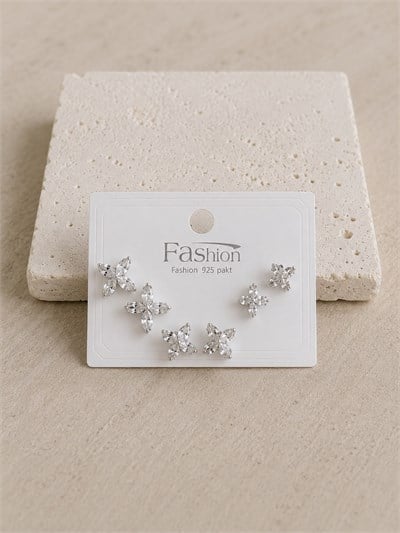 Taşlı Çiçek Silver Altılı Küpe