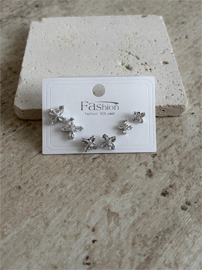 Taşlı Çiçek Silver Altılı Küpe