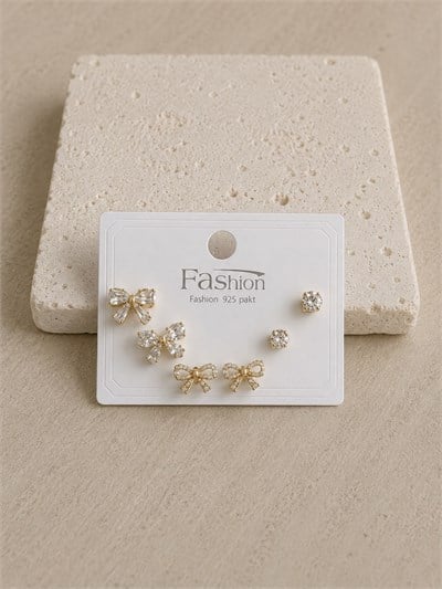 Taşlı Fiyonk Gold Altılı Küpe