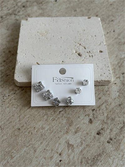 Taşlı Kare Silver Altılı Küpe