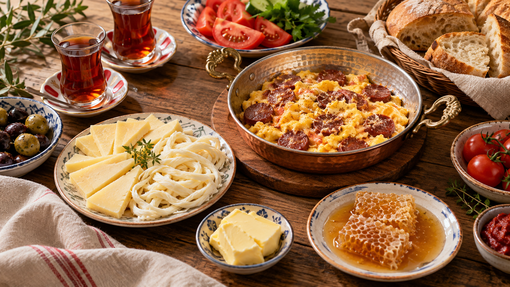 Kaşar, çeçil, tereyağı, petek bal, sucuklu yumurta ve çay bulunan kahvaltı sofrası