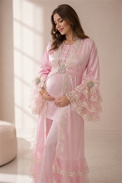 Pembe Premium Lohusa sabahlık ve pijama takımı