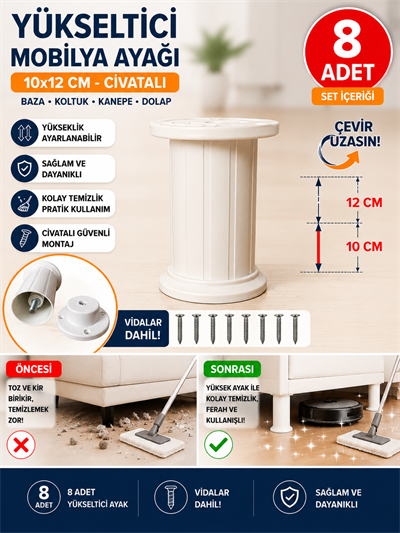 10x12 Cm Mobilya Kanepe Koltuk Baza Yükseltme Yükseltici Civatalı Destek Ayağı Ayakları - 8li