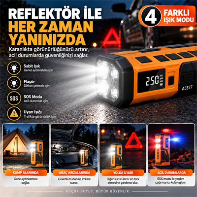 A5577 4'ü 1 Arada Akü Takviyeli Şarjlı Hava Pompası 8000 mAh - 14.4V 200 Amper Powerbank Dijital Led Fenerli Oto Kompresör