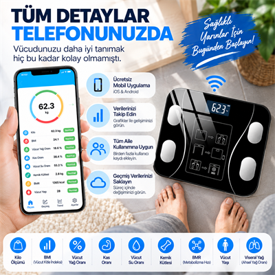 Akıllı Dijital Baskül Bluetooth Uygulama Kontrollü Vücut Kitle İndeksi Ölçer LCD Ekran Tartı 180 kg