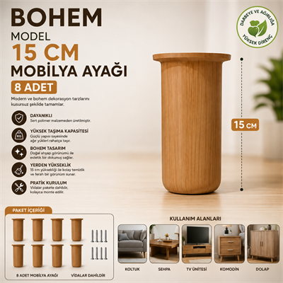 Bohem Model 15 cm Mobilya Ayağı Söğüt Rengi Sert Polimer Koltuk Dolap Tv Ünitesi Ayağı-8 Adet