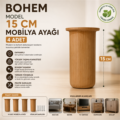 Bohem Model 15 cm Mobilya Ayağı Söğüt Rengi Sert Polimer Koltuk Dolap Tv Ünitesi Ayağı-4 Adet