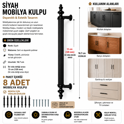 Siyah Dolap Çekmece Kulpu 128 mm Mobilya Mutfak Banyo Dolabı Kulpu - 8 ADET