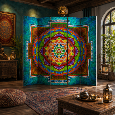 DBSanat Sri Yantra Mandala Baskılı Dekoratif Paravan – Oda Bölücü & Seperatör Çift Taraf Baskılı