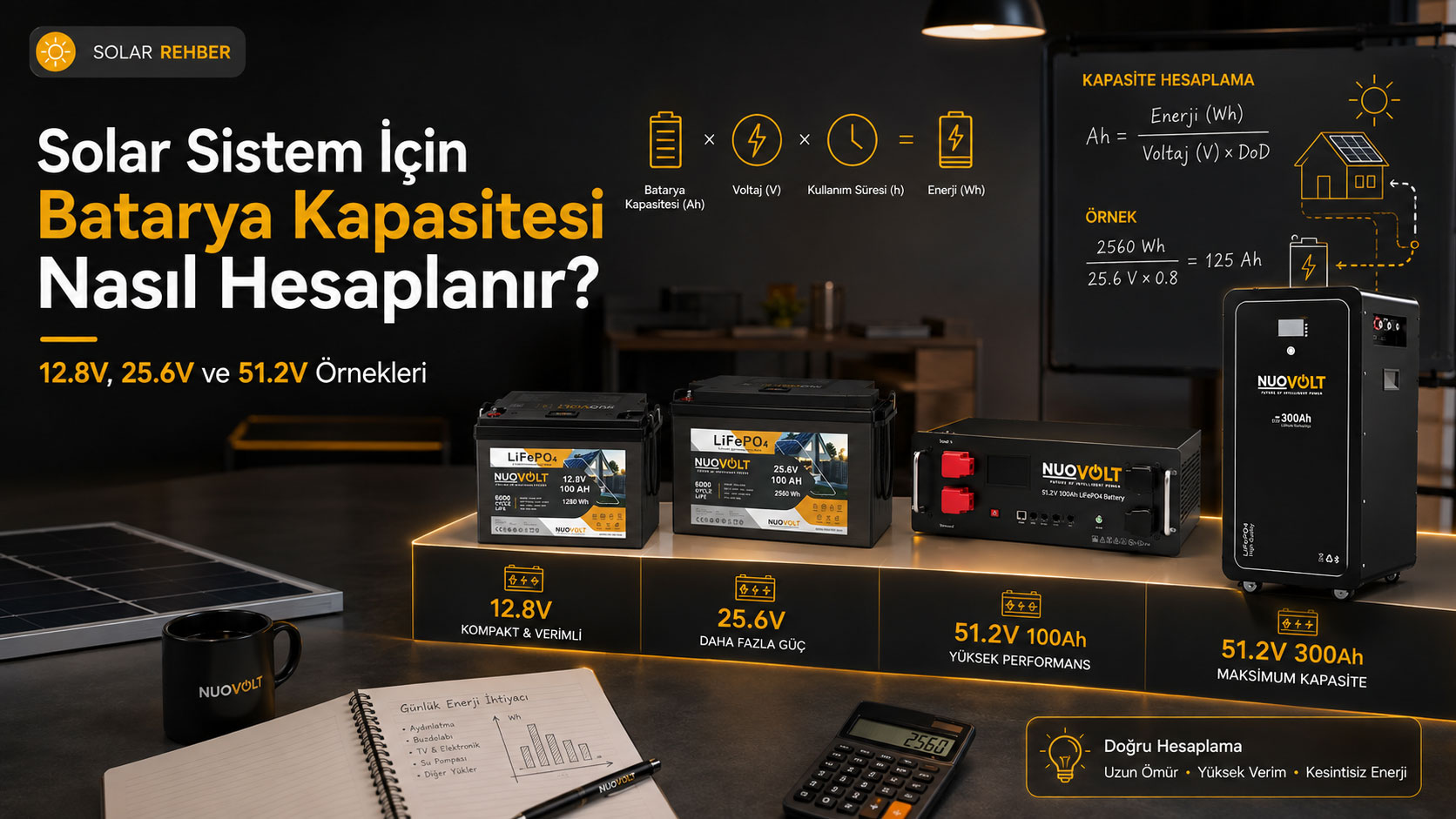 Solar Sistem İçin Batarya Kapasitesi Nasıl Hesaplanır? 12.8V, 25.6V ve 51.2V Örnekleri