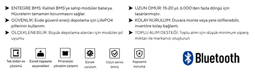 51.2V 300Ah kullanım avantajları ve bluetooth görseli