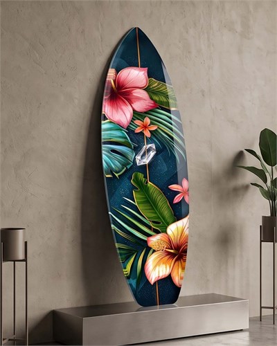 Tropikal Çiçekler Surfboard Dekoratif Pleksi Duvar Tablosu