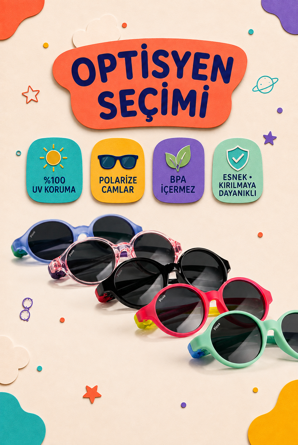 Optimini seçkisindeki renkli yuvarlak çocuk güneş gözlükleri