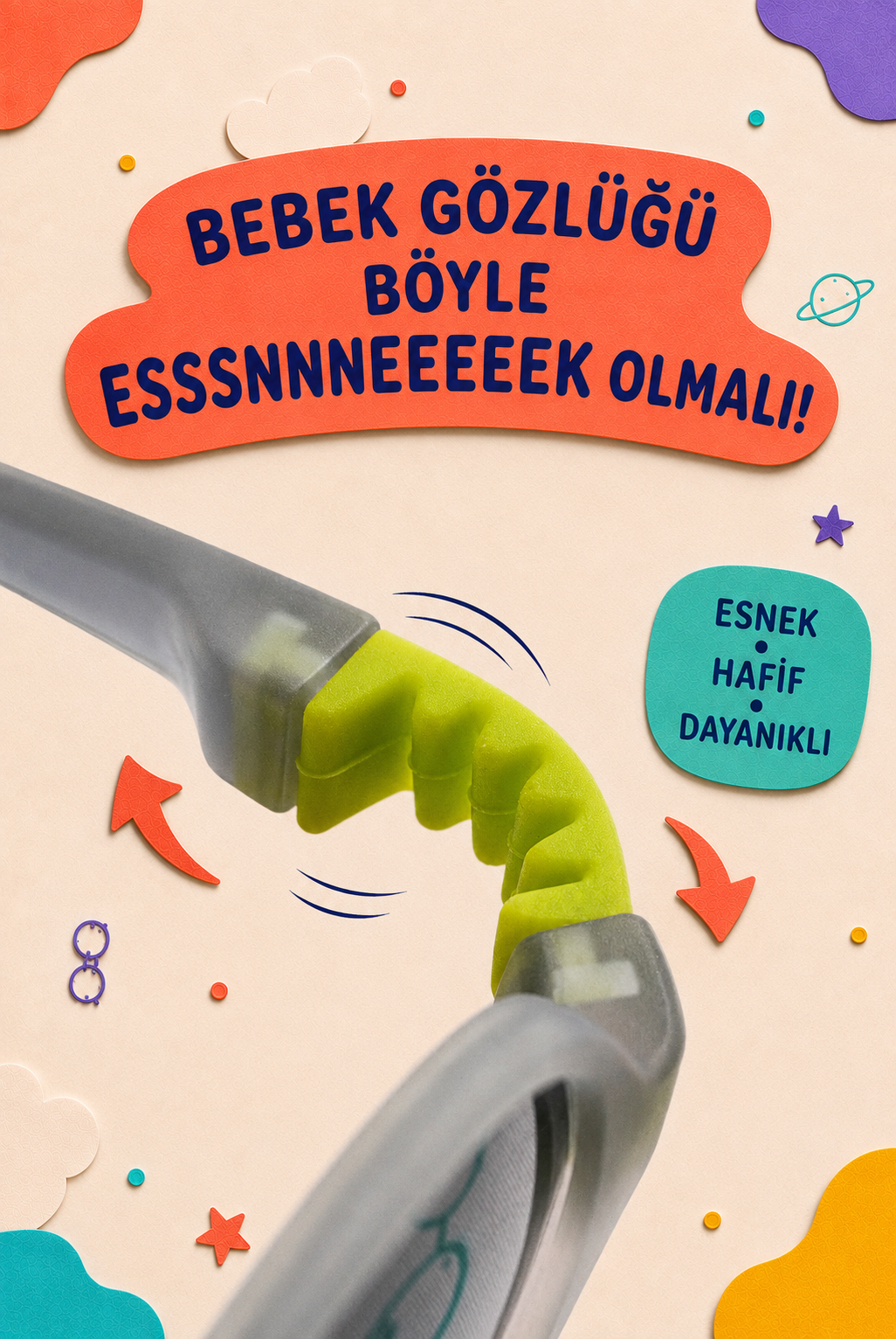 Esnek bebek gözlüğünün bükülen çerçeve detayı