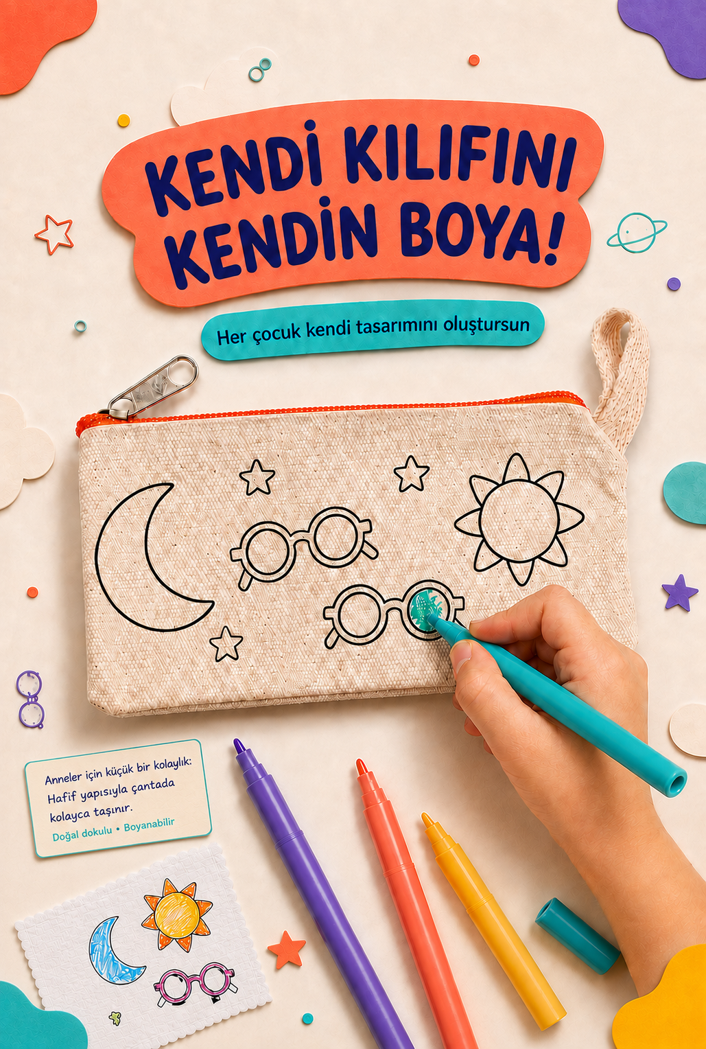 Çocuğun renkli kalemle boyadığı desenli gözlük kılıfı