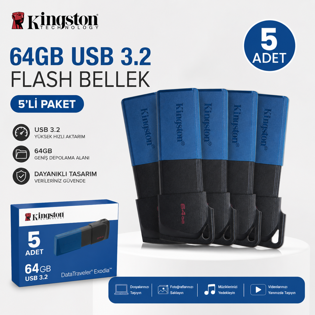 KINGSTON Kingston DataTraveler Exodia M DTXM 64GB USB 3.2 Gen 1 Flash Bellek 5'li Paket Görsel 3