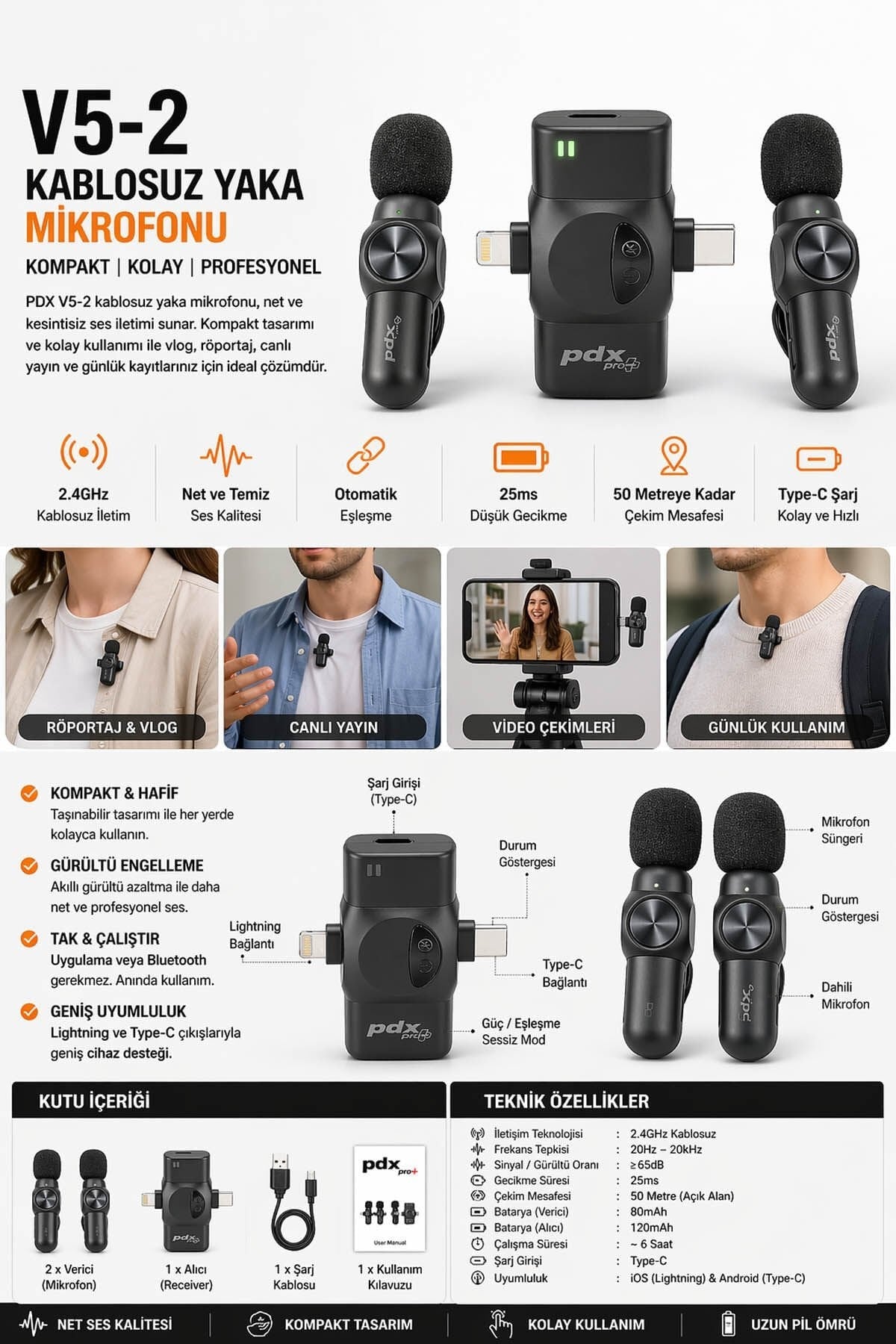 PDX PDX V5-2 İkili Kablosuz Yaka Mikrofonu, 2.4GHz USB-C, Lightning, 3.5mm Çıkışlı Görsel 4