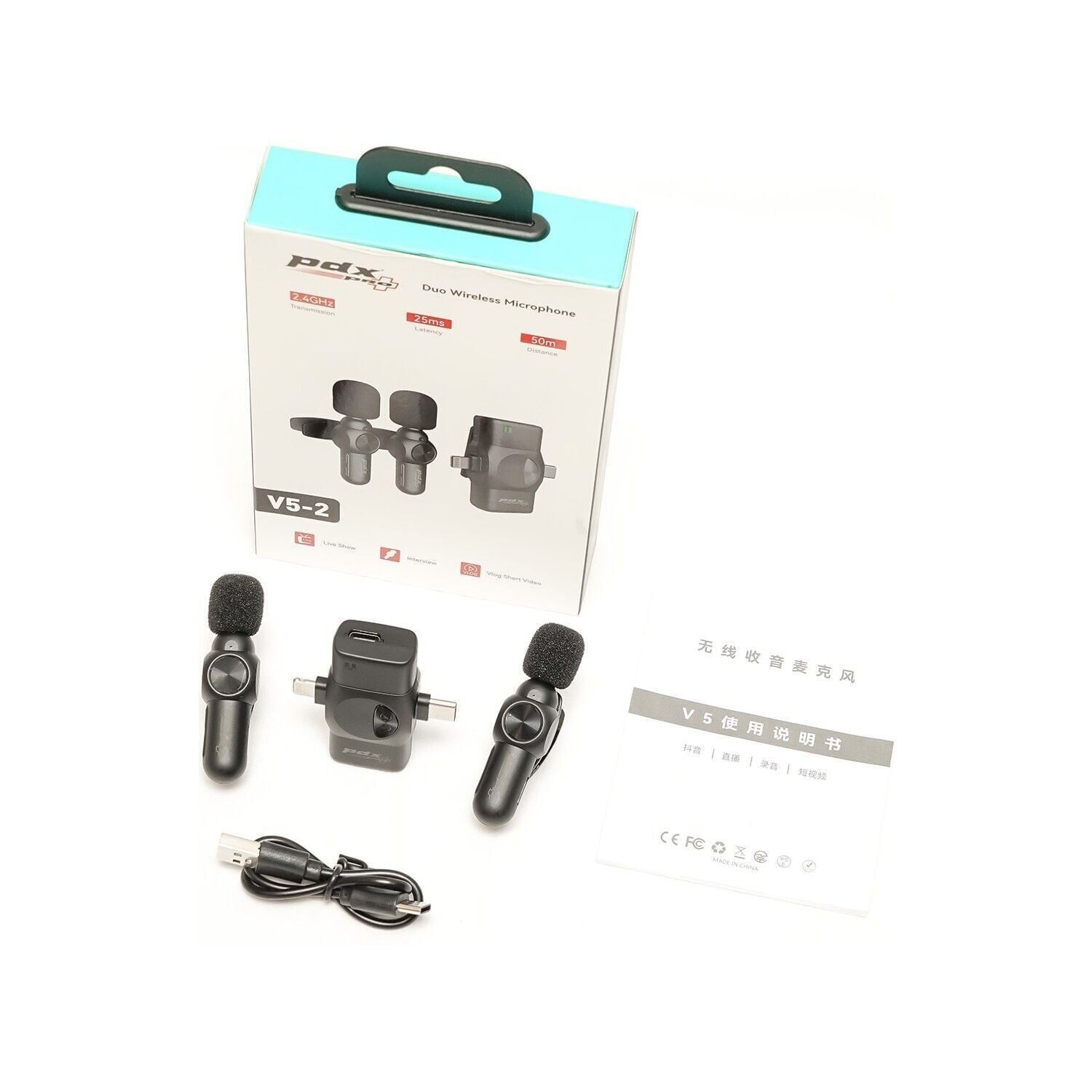 PDX PDX V5-2 İkili Kablosuz Yaka Mikrofonu, 2.4GHz USB-C, Lightning, 3.5mm Çıkışlı Görsel 3