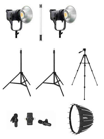 COBAC 300 Stüdyo Işığı (2) + 3 Mt Işık Ayağı (2) + 307 Tripod + SL90 Softbox (2) + HDL60 Işık + V6 Mikrofon Işık Seti