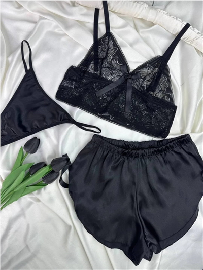 Dantel Bralet & Saten Şort 3 Parça Takım - Siyah