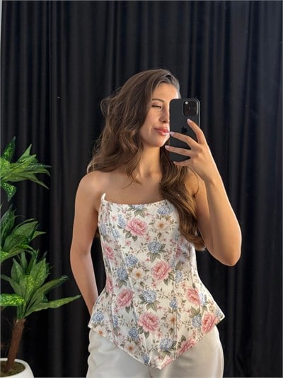 Pastel çiçekli bluz ekru