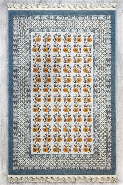 Mavi Dokuma Bohem Kilim Etnik Çiçekli Motif Desen li Vintage Kilim Yıkanabilir Cotton Kilim 3724