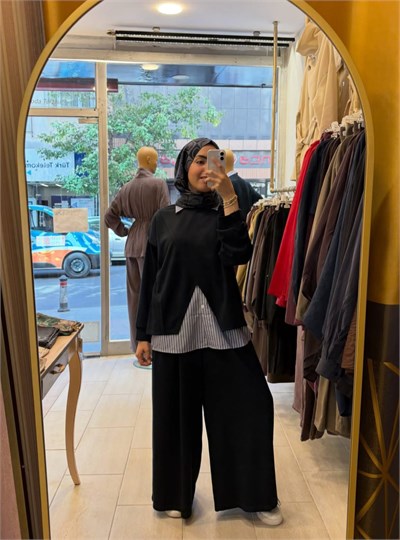 Asimetrik Çizgi Detaylı Siyah Takım
