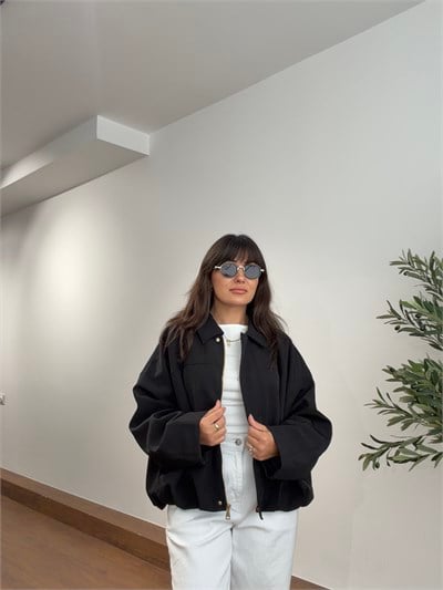 Beli Pileli Yarasa Kol Ceket Siyah