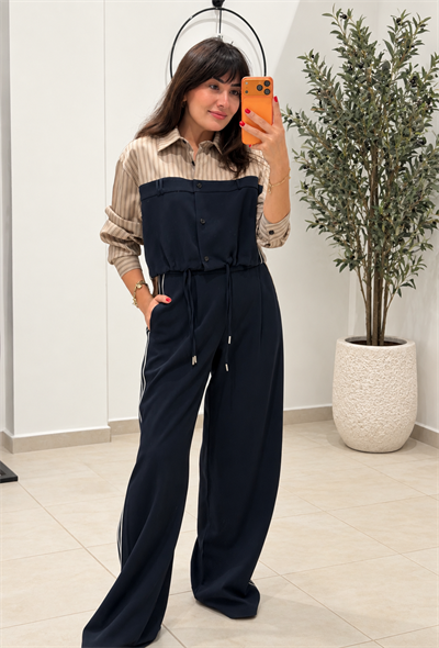 Çizgi Detaylı Gömlek Pantalon Takım - Lacivert